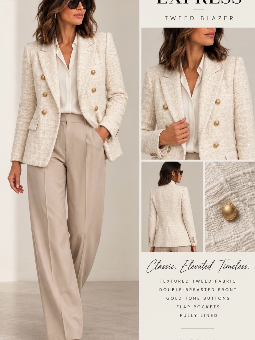 Express Cream Tweed Double-Breasted Blazer with Gold Buttons - Picture 3 of 9